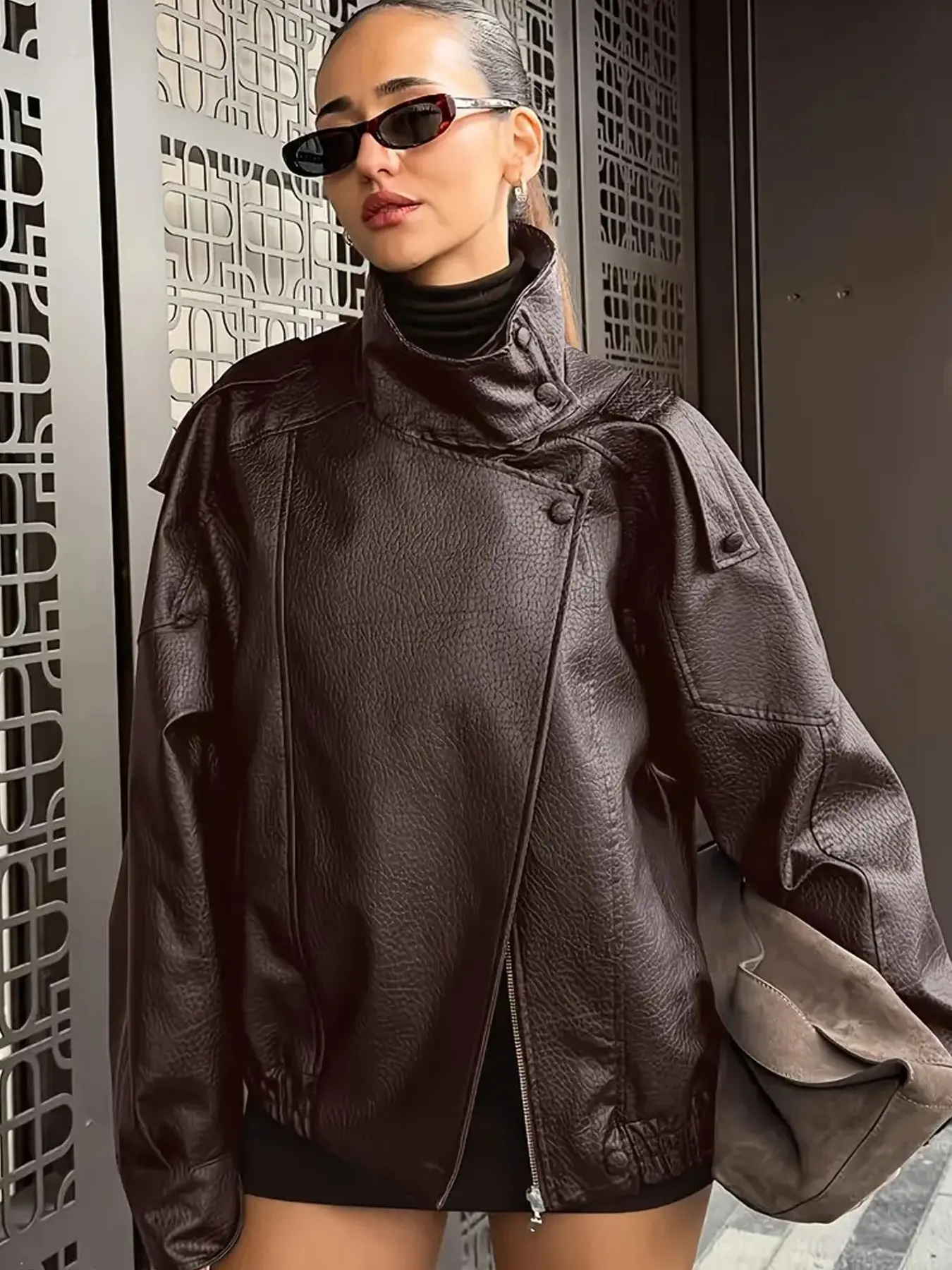 Women's Leather Jacket Black Oversized Loose Bomber Jacket Coat Red Zip Up Jackets Brown Asymmetrical Long Sleeve Crop Tops For Woman Casual Vintage Demi-Season All Season Jacket Outerwear