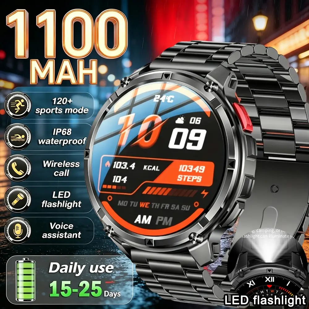 2026 New 1100mah Smartwatch with Calls, 1.7-Inch HD Touchscreen, Wireless Calling, LED Flashlight, Multiple Sports Modes, Alloy Case, Fashion Design