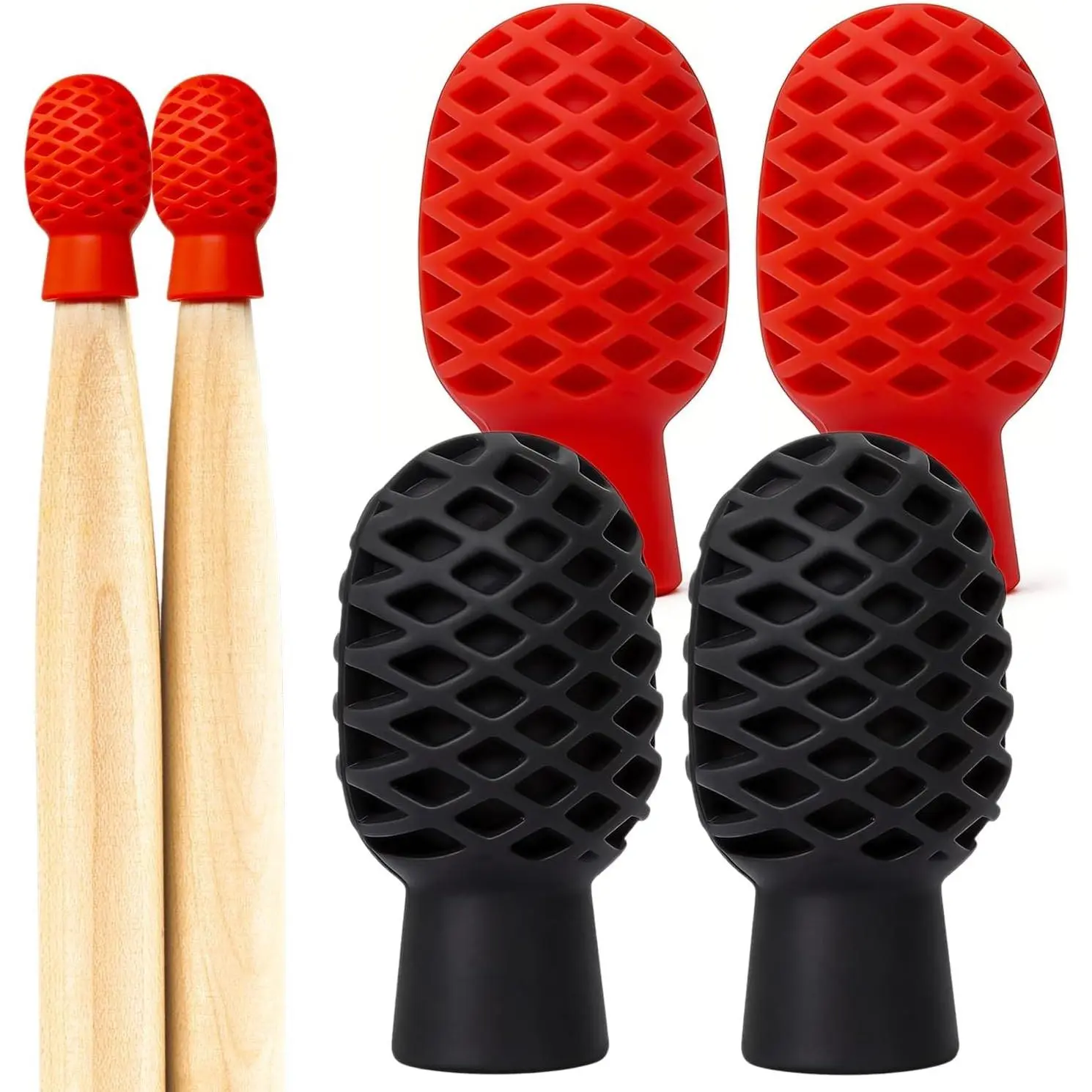 Drumstick Muting Tips Drumstick Dampeners For Practice, of Drum Practice Pad, Drumstick Tips Mute Clacking Sound From Sticks  Solid Surfaces (2Blk+2Red)