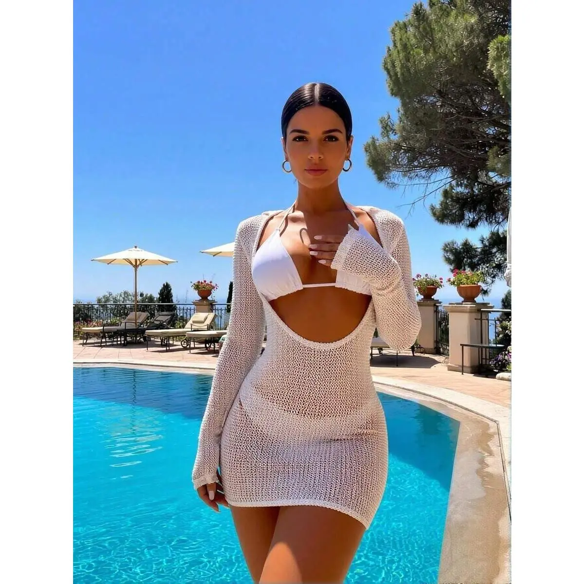 2026 New Women's White Halter 2-Piece Set Swimsuit, Hollow-Out Knitted Fabric Beach Wear Cover Up Dress, Sun Protection Vacation Swimsuit Cover Up