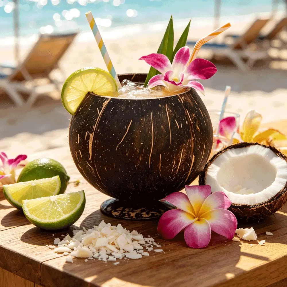 1Pc Natural Handmade Coconut Shell Cup with Base, Tropical Cocktail Glass, Hawaii Beach Party Hawaiian Tiki Drink Cup, Suitable for Smoothies and Juices