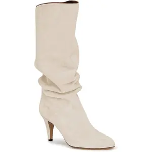 Coutgo Womens Slouchy Knee High Boots Wide Calf Kitten Heel Pointed Toe Pull On Long Boots Winter Shoes