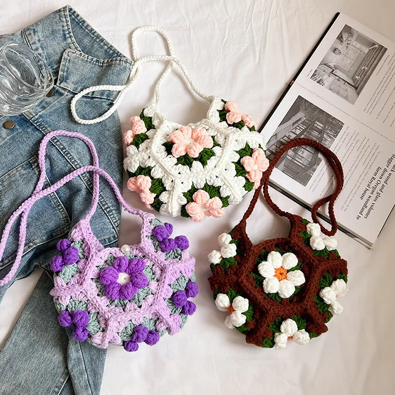 Lightweight Crochet Shoulder Bag, Floral Granny Square Purse for Phone, Wallet, Keys, Makeup & Everyday Essentials 3D Floral Crochet Granny Square Shoulder Bag, Cute Boho Flower Purse for Women, Summer Cottagecore Tote Bag