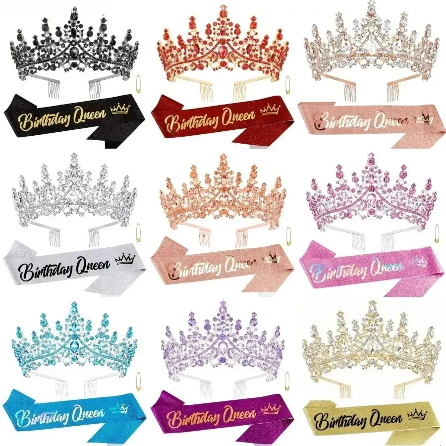 Baroque Rhinestone Tiara Crown and Polyester Sash Set for Women, 26th Birthday Decorations with "Birthday Queen" Sash, Universal Fit Gift for Adults, Party, Elegant