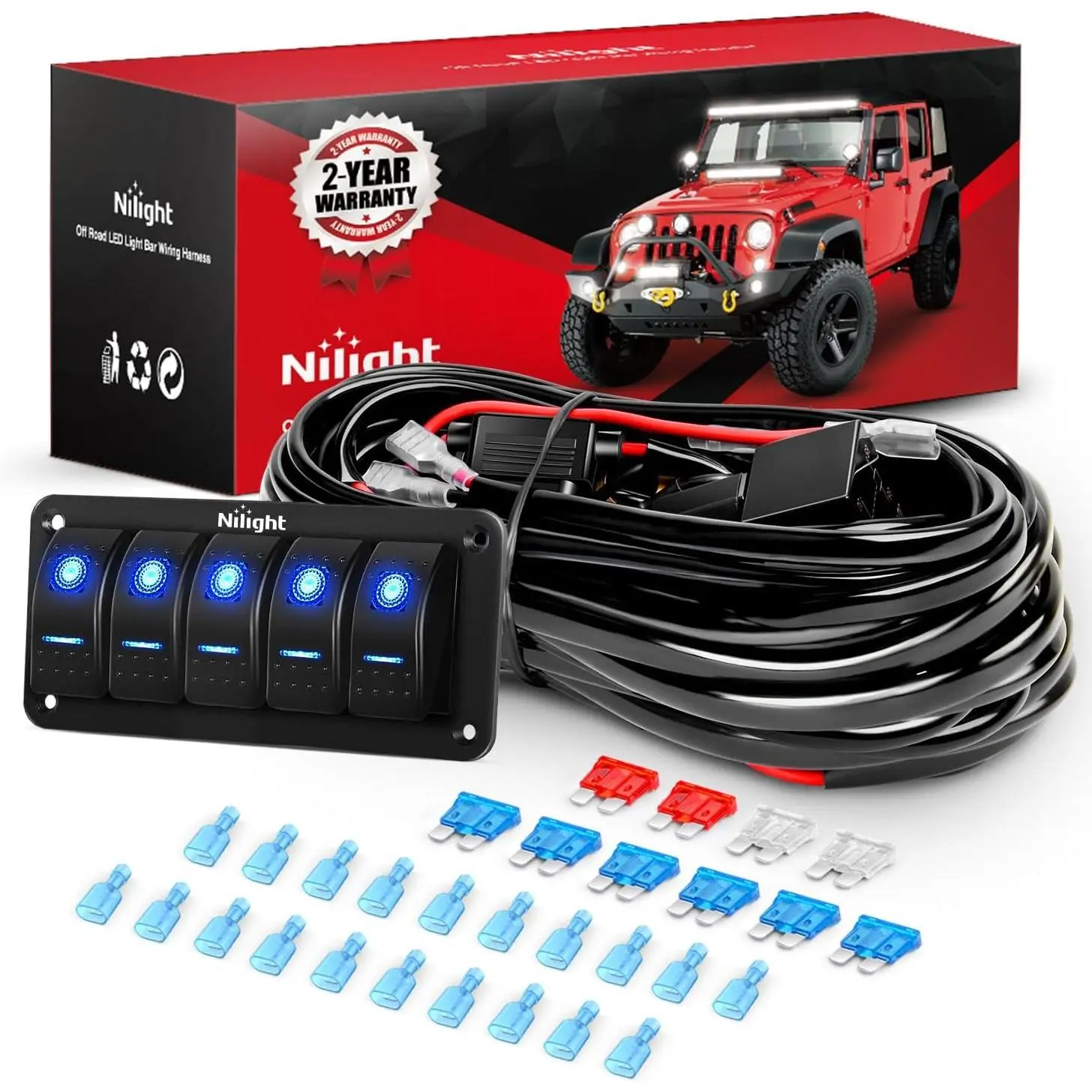 Nilight 16AWG/14AWG/12AWG LED Light Bar Wiring Harness Kit, 12V System On/Off 5-Gang Rocker Switch Panel, Power Relay, Blade Fuse, 5-Pin Controls for Cars, Boats, ATV Trucks - 10 Leads