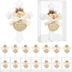 16 Sets Baptism Favors for Guests Wooden Cross Magnet First Communion with Tag Box with Flower Bag Easter Christian Souvenirs Gift for Baptism Christening Baby Shower Party Family Gathering