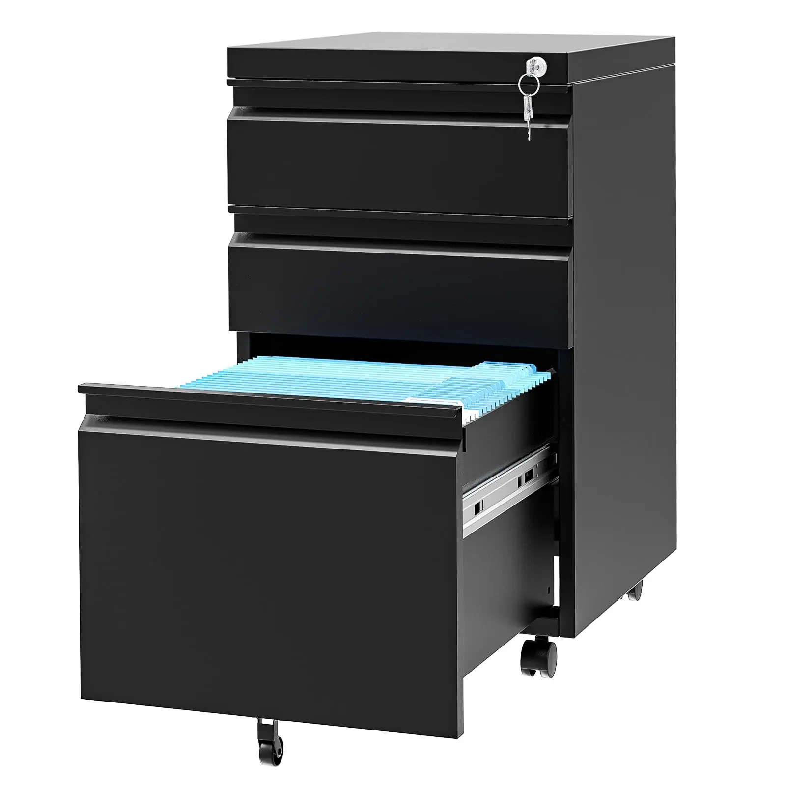 3 Drawer Lockable Vertical Metal File Cabinet Black Heavy Duty Filing Storage Fits Letter Legal A4 F4 for Home Office