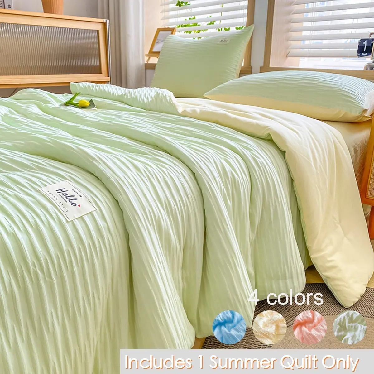 1-Piece Pastel Seersucker Summer Quilt, Breathable Bedding, Washed Crinkle Stripe Design, Skin-Friendly, Breathable, Lightweight and Comfortable, Ideal for Spring, Summer and Air-Conditioned Rooms, Multiple Sizes Available, Perfect for Bedroom, Dorm