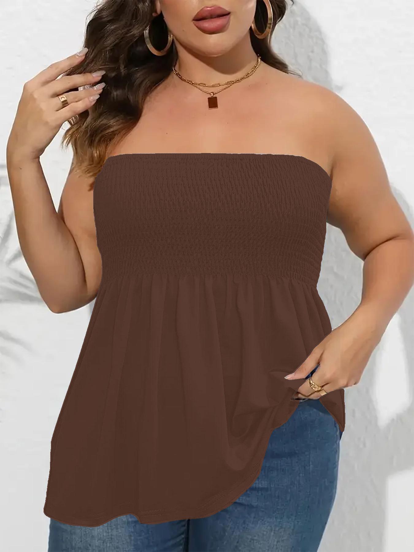 Plus Size Solid Ruffle Hem Shirred Tube Top, Boho Fashion Chic Style Tops, Lady Strapless Top, Womenswear, Casual Sleeveless Strapless Black Top Plus Size Solid Ruffle Hem Shirred Tube Top, Boho Fashion Chic Style Tops, Lady Strapless Top, Womenswear, Casual Sleeveless Strapless Black Top