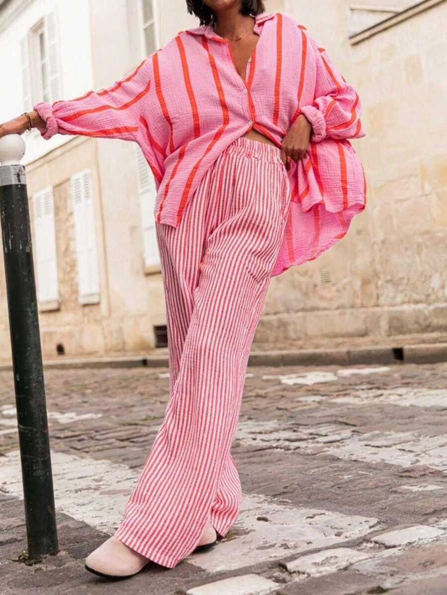 2026 European and American autumn and winter new long-sleeved button-up cardigan women's striped shirt women's vintage striped