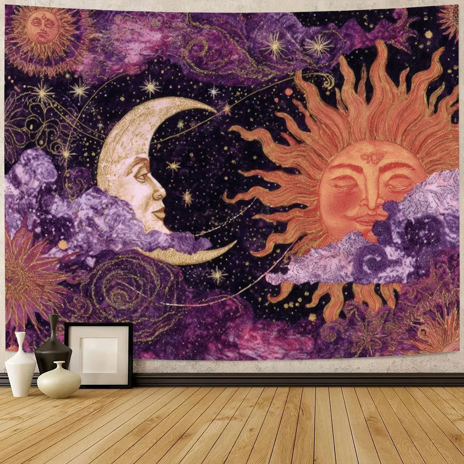 Boho Sun Moon Starry Night Tapestry Wall Hanging - Vintage Aesthetic, Dreamy Glow Effect, Smooth Lightweight Cloth, Durable Woven Fabric Accent for Bedroom, Dorm Hippie Bohemian Home Decor Art