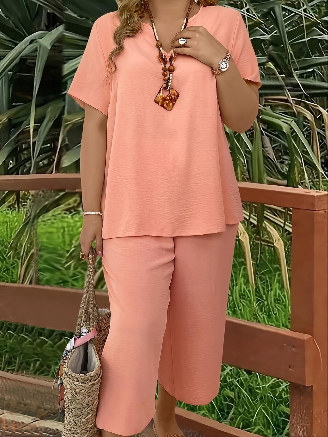 Women's Plus Size Elegant Wide Leg Pants Set - Solid Short Sleeve Casual Outfit - Mother's Day Gift