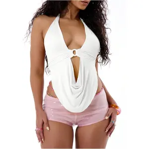 Women's Going Out Clubwear Halter Top Tie Backless Draped Cowl Deep V Neck Ring Top Cut Out Party Halter Tops