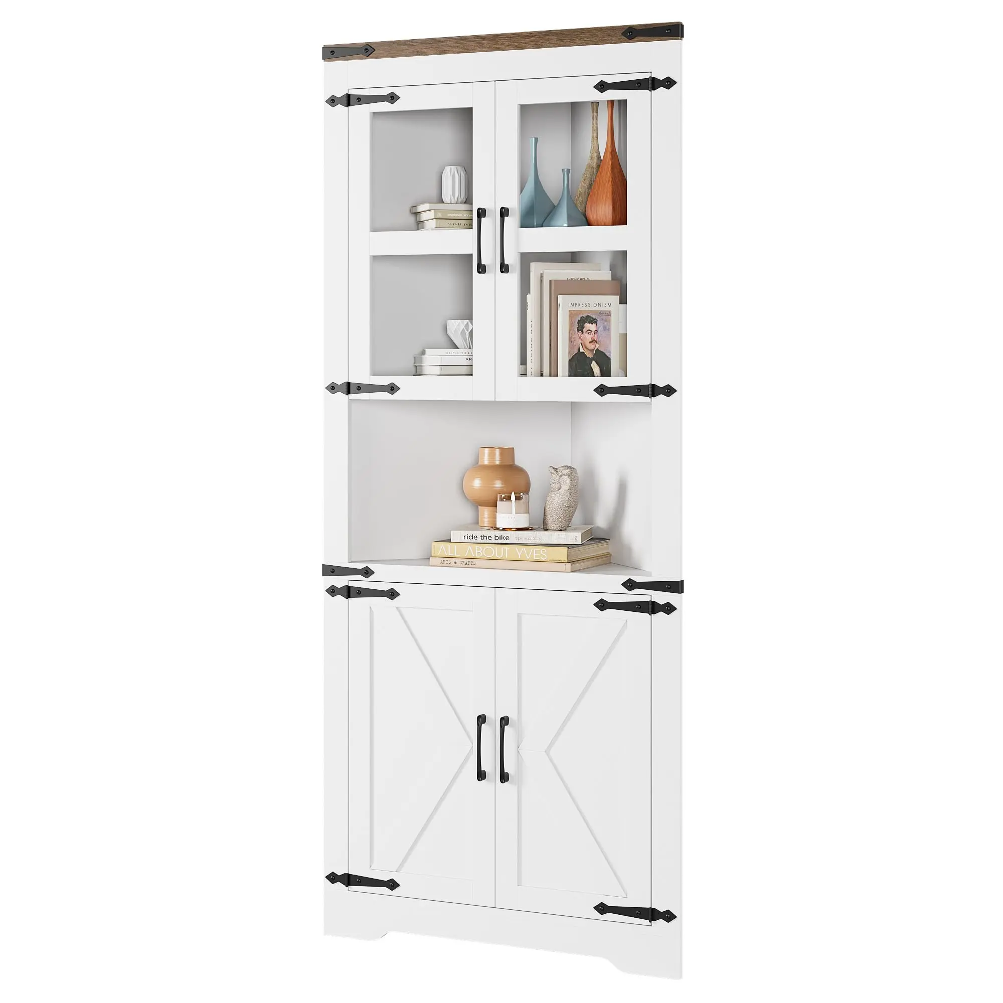 Tall Farmhouse Corner Cabinet with Glass Doors, 6-Tier Storage Organizer for Living Room Bedroom Bathroom, Rustic Barn Door Style, Adjustable Shelves, Space-Saving White/Grey/Vintage Finish
