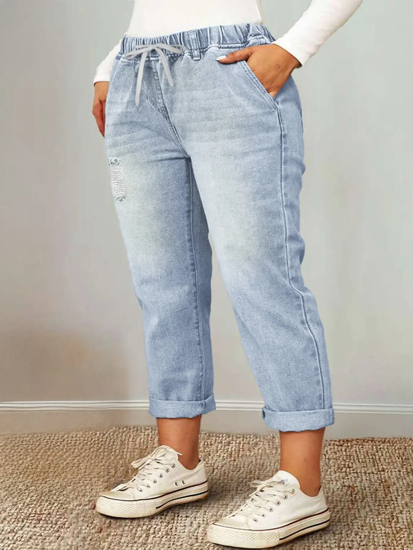 Plus Size Light Wash Denim Jogger Pants, Jeans, Bottoms, Adjustable Elastic Waist Drawstring, Curvy Relaxed Fit, Side Pockets, Casual Everyday Loungewear for Women