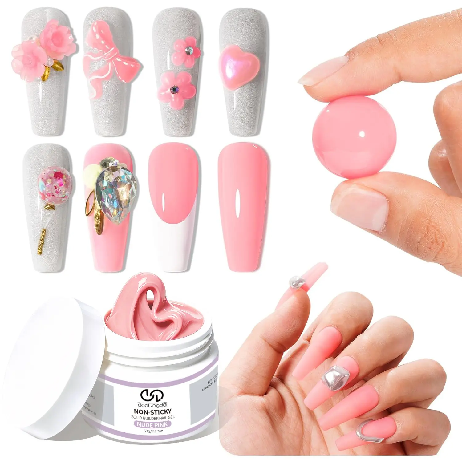 Duolingdai 60g Nude Non-Sticky Solid Build-Up Gel, No Float Gel, UV/LED Shaping Gel, Ideal for Natural Nails, 3D Butterfly Embossing, Crystal Stickers
