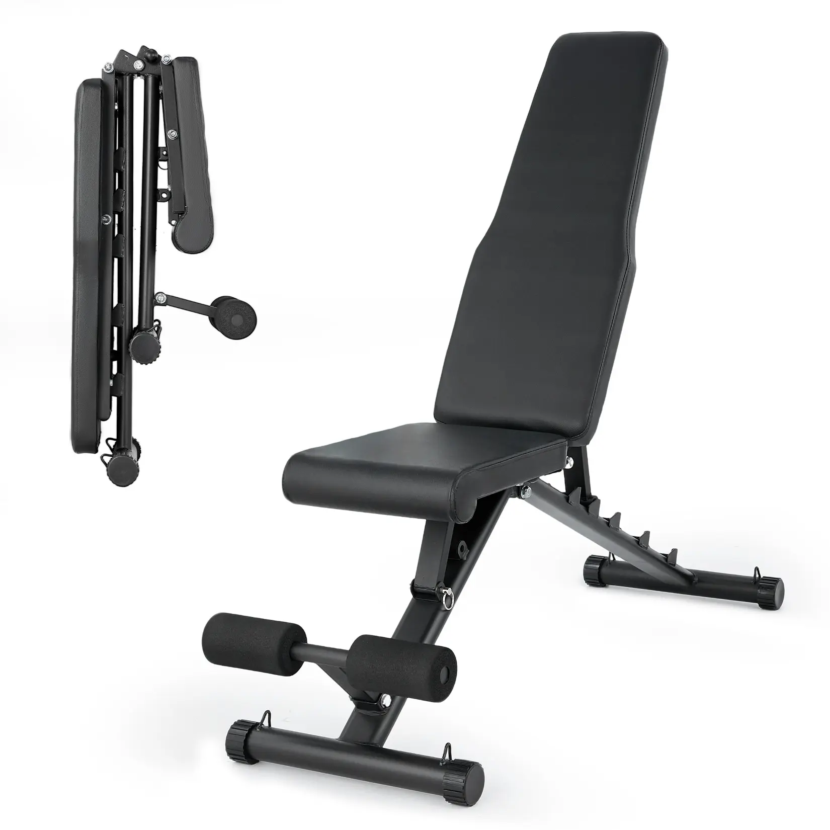 Black Adjustable Folding Weight Bench with Leg Press & Bicep Curl Pad, Incline Decline Design for Full Body Home Workouts