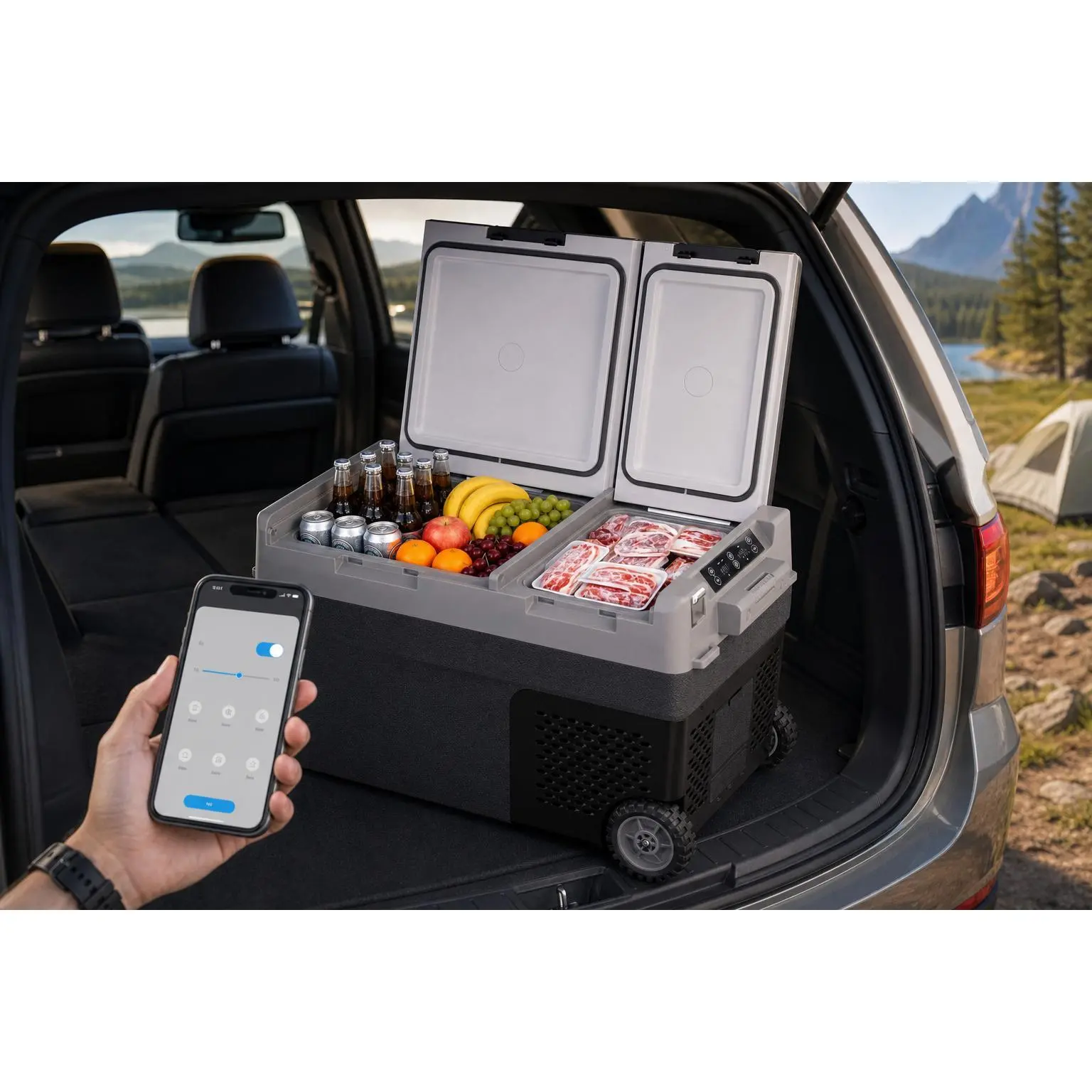 Dual Zone Portable Car Refrigerator Freezer 40QT (38L) – Electric Compressor Cooler, Fast Cooling -20°C to 20°C, 12/24V – For Car, Truck, Camping – Auto Refrigerator