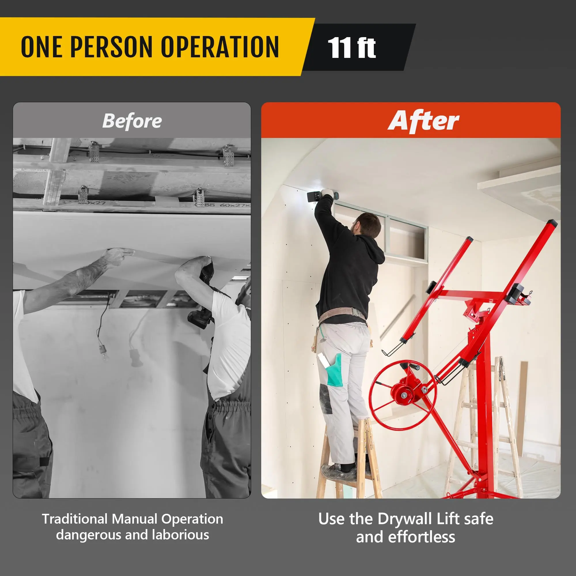 18FT Heavy Duty Drywall Lift - 150 lb Steel Panel Hoist for Ceiling Installation - Telescopic Arm, Locking Wheels, One-Person Operation - Ideal for Construction & Remodeling