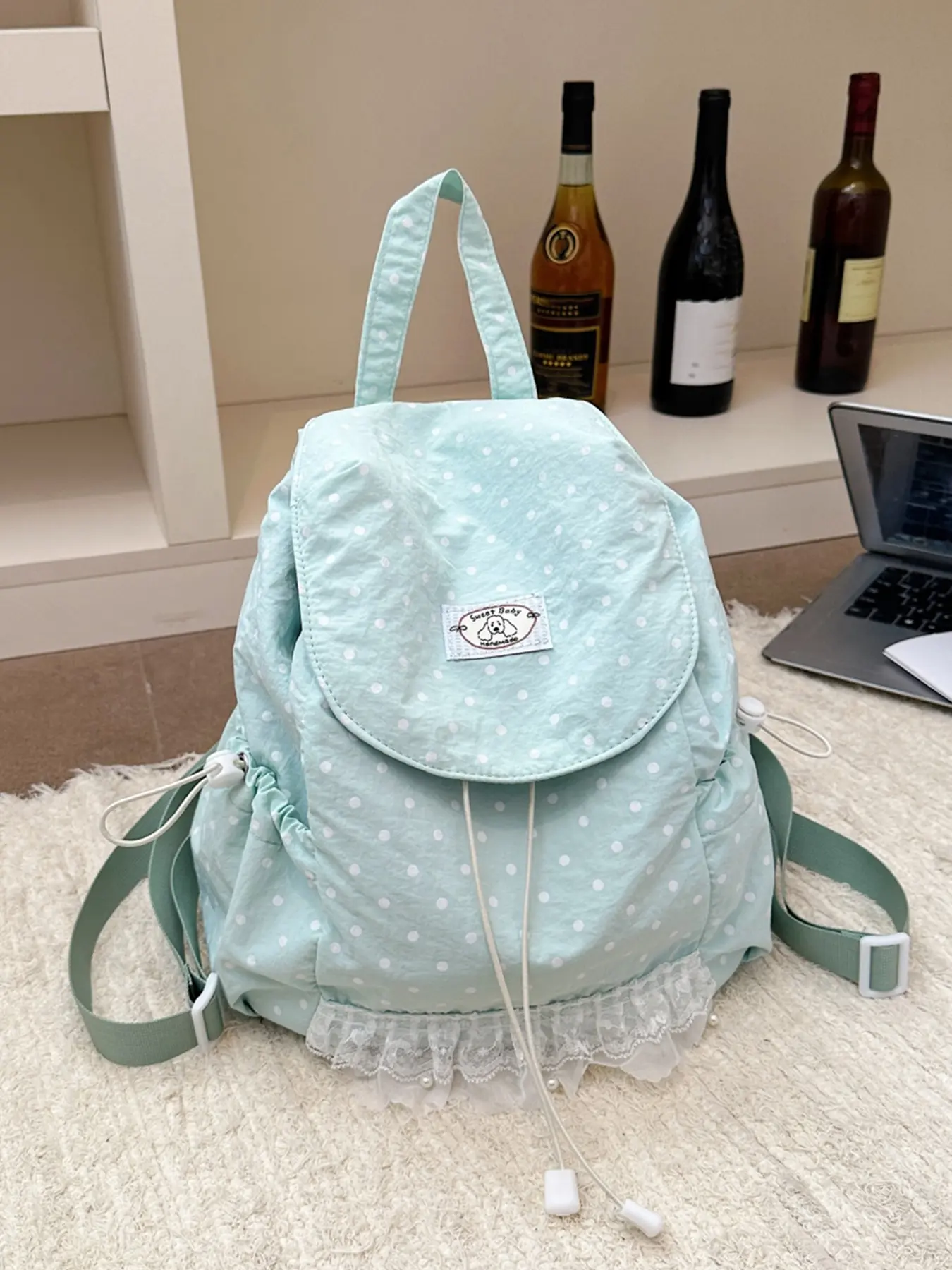 Fresh and artistic style elegant and gentle classic polka dot backpack, fashionable and niche design versatile backpack, flip cover and lace splicing design, can accommodate books, tablets, water bottles, Cute Backpack