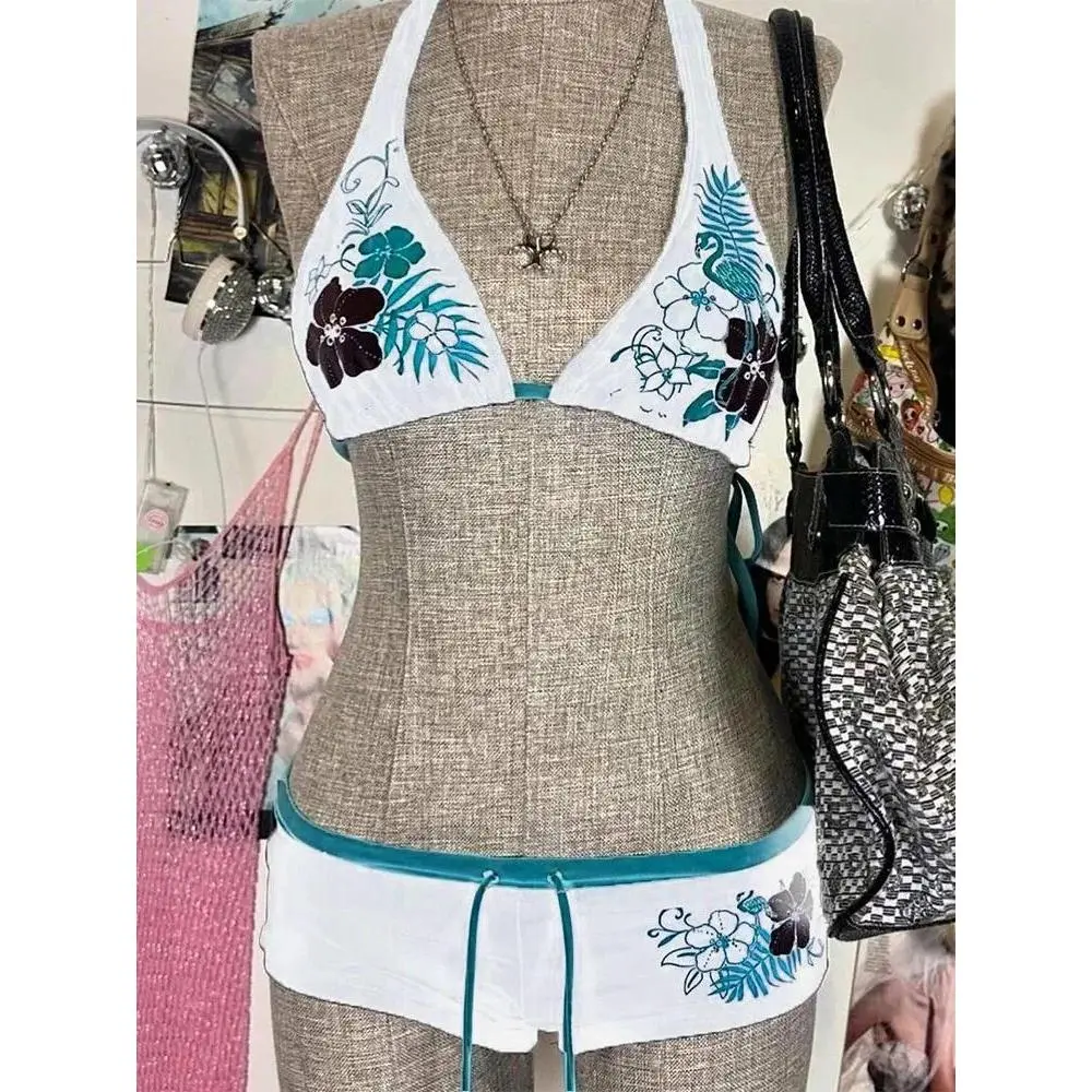 Vintage Flower Print Cutie Set Bikini 2000s Swimsuit Sexy Women Bathing Fashion Halter Strap Swimwear High Street Beach Female
