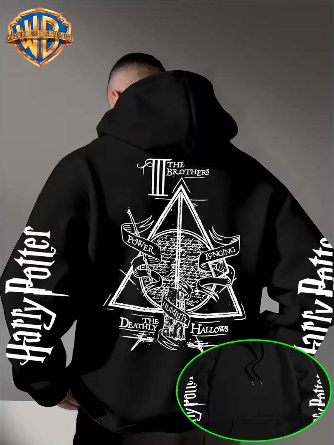 Warner Bros Men's Deathly Hallows Hoodie, Harry Potter Hand-Drawn Pattern, Casual Magic Fan Streetwear, Loose-Fit Pullover