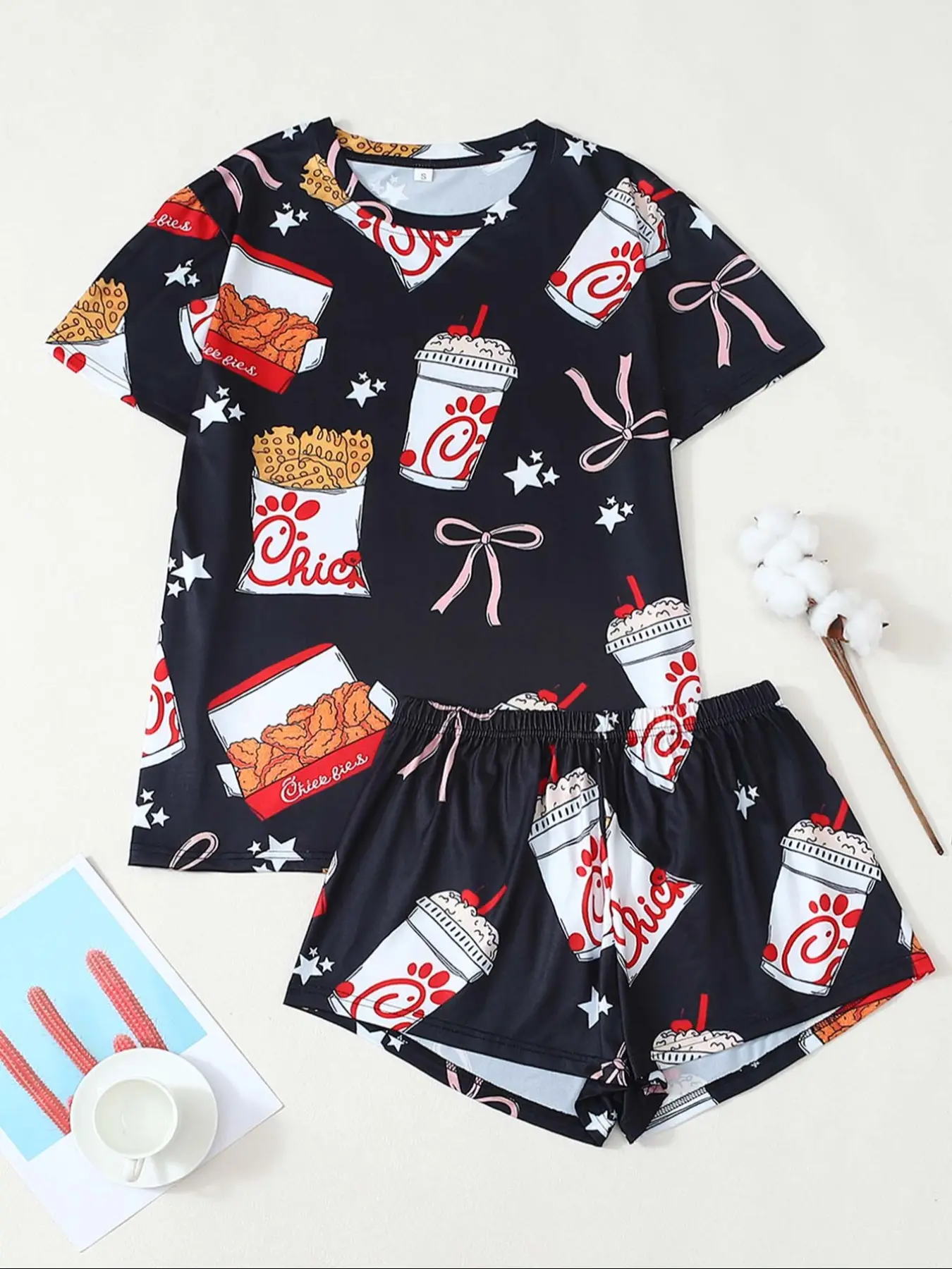 Women's All Over  Print Tee & Shorts Pyjama, Casual Comfy Round Neck Short Sleeve T-shirt & Shorts Pj Set, Ladies Summer Sleepwear, Loungewear