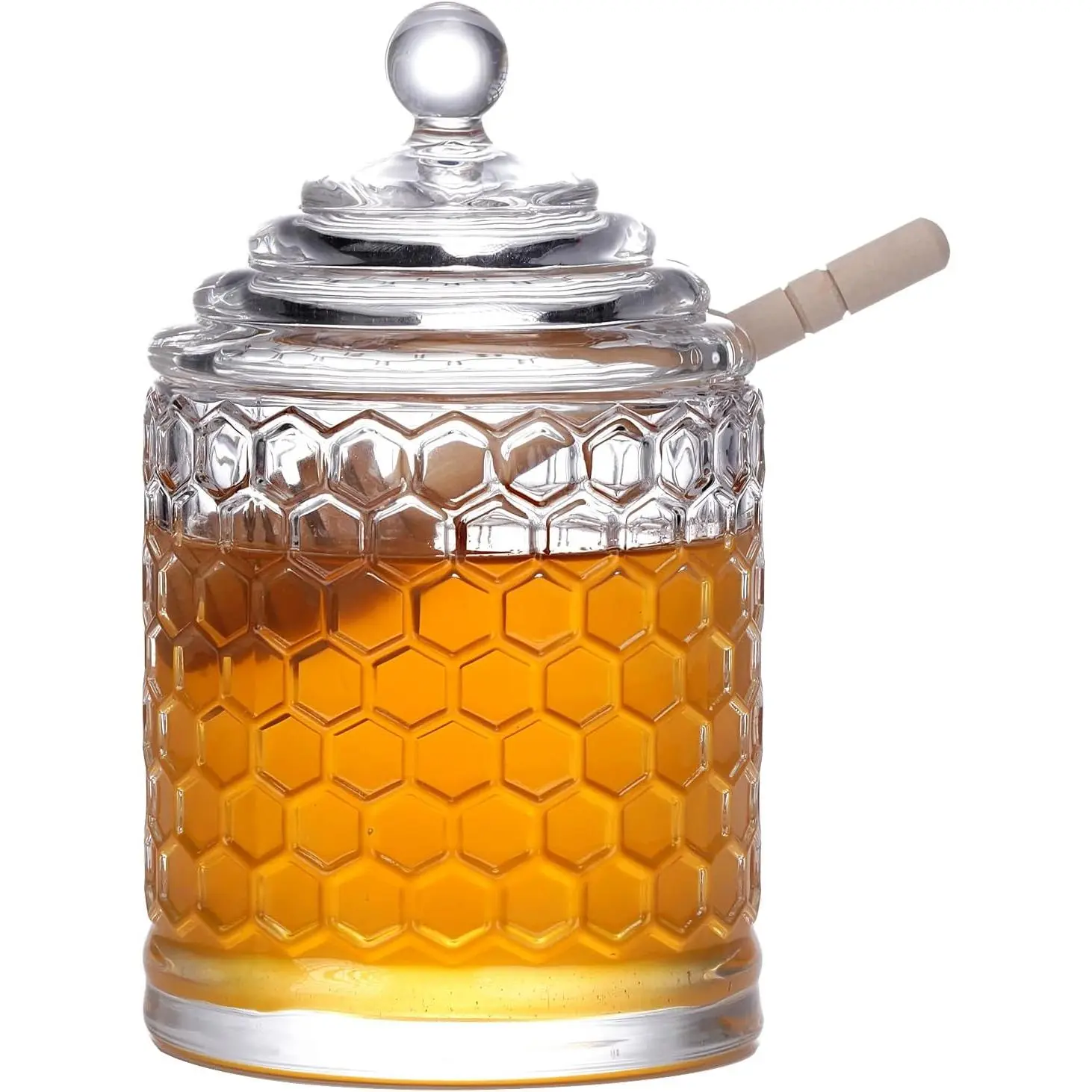Glass Jar with Dipper and Lid, Thick Glass Honey Pot with Lid and Wooden Dipper, Wide Mouth  Containers, Honey Dispenser for Liquid Honey, Maple Syrup, Royal Jelly, Honeypot for Dinner Table
