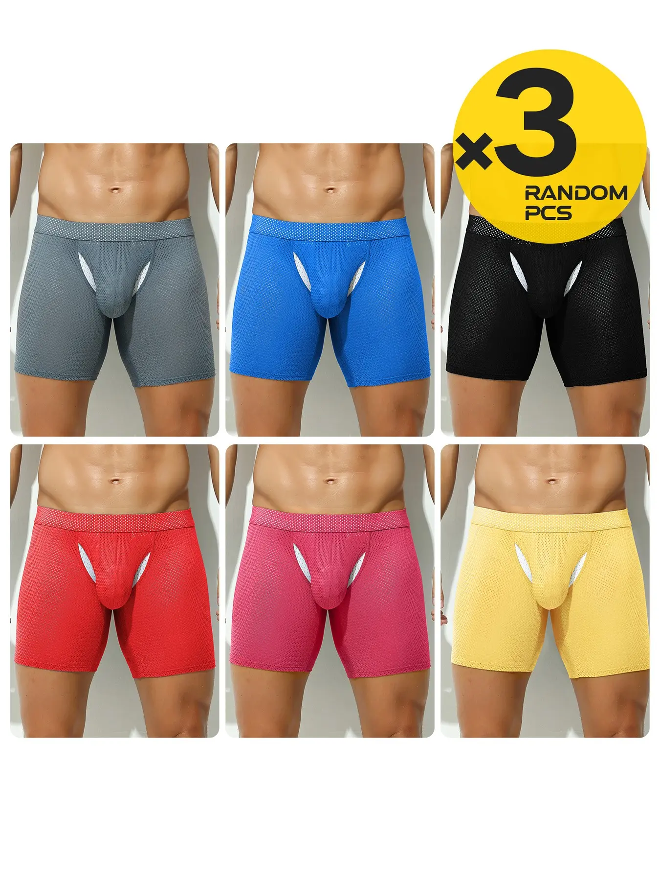 Men's 2/3/4 Pack Random Color Boxer Briefs, Mesh Hollow Out, Dual Crotch Separation, Anti-Chafe, Quick Dry, Breathable, Sports Running Underwear