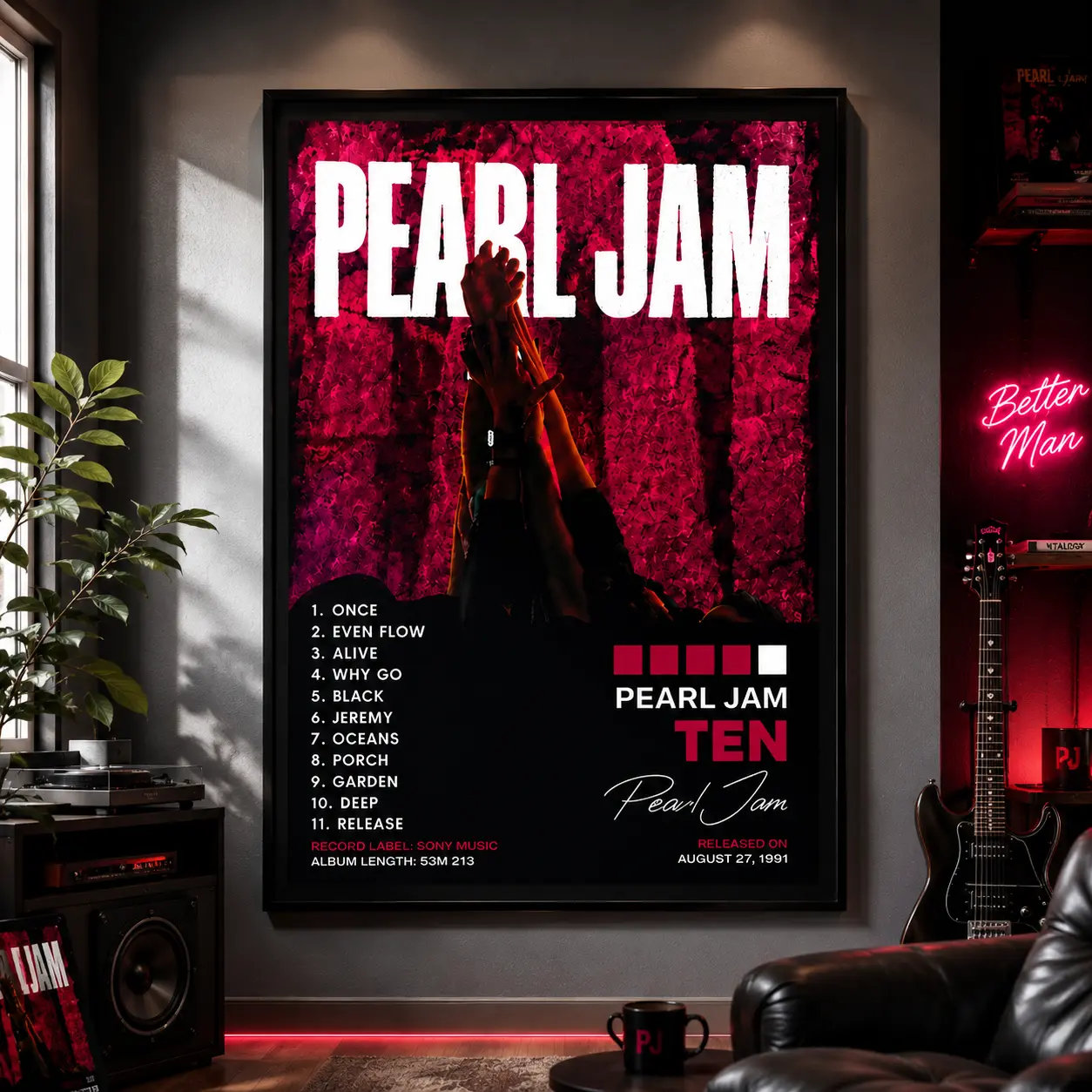 Pearl Jam - 10 Album Cover Poster, Retro Grunge Rock Band Canvas Wall Art Print, Vintage Music Themed Home Decor Gift for Music Lovers