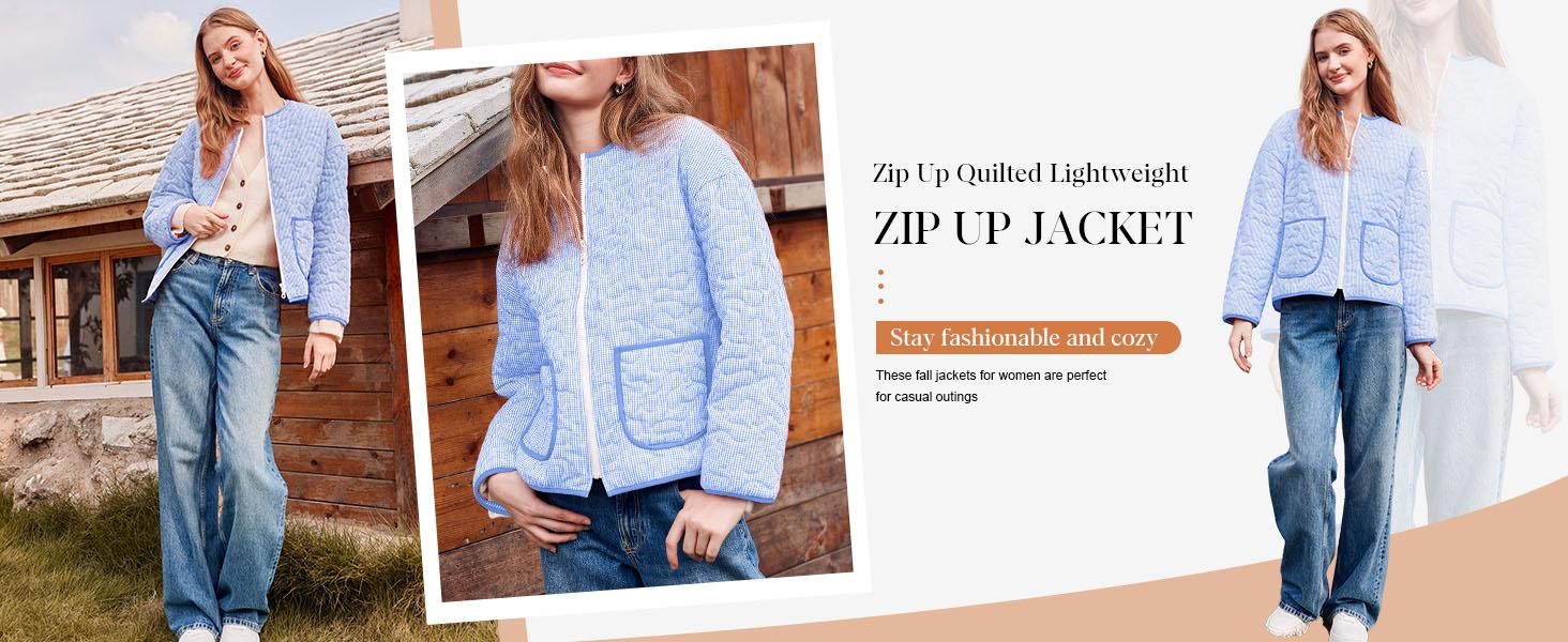 Yousify Womens Jackets Fall Fashion 2025 Crew Neck Quilted Plaid Jacket Full Zipper Coats S-2XL