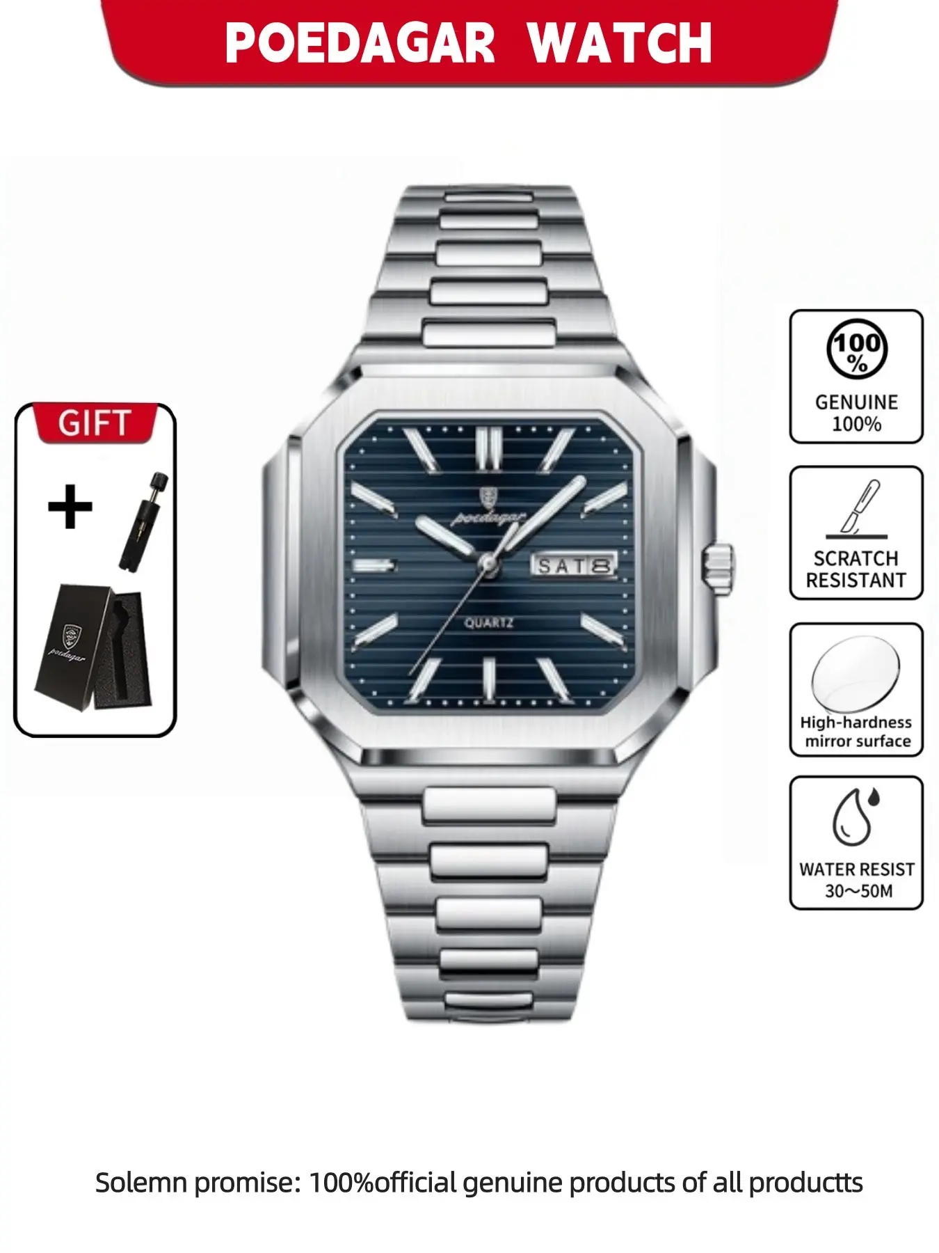 Poedagar luxury men's waterproof quartz wristwatch with luminous date display square casual stainless steel men's quartz watch suitable for daily wear and preferred gift giving, Analog quartz watches