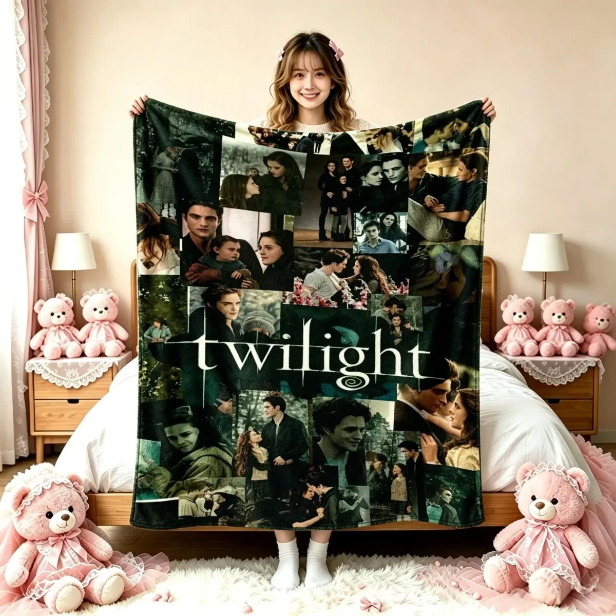 Twilight Saga Classic Polyester Fabric Flannel Throw Blanket - Edward & Bella Romantic Movie Scenes Collage Print, Soft Lightweight Room & House Decor, Multi-use for Bedroom Sofa, Ideal Gift for Vampire Movie Fans, Decorative Blanket, Flannel Blankets