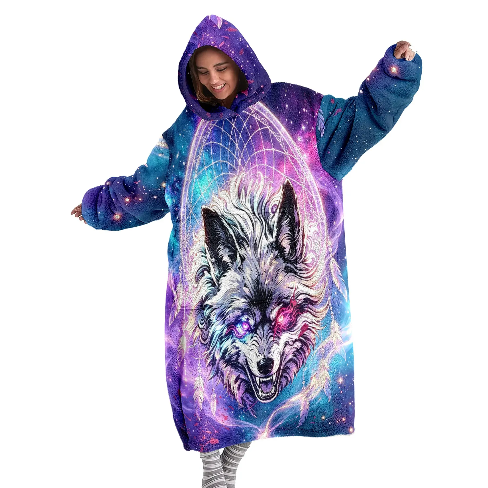 Extra Large Comfortable Hooded Wolf Wearable Blanket, Soft Flannel Adult Sweatshirt Blanket with Big Pockets, Fashion Unique Print Warm Wearable Blanket