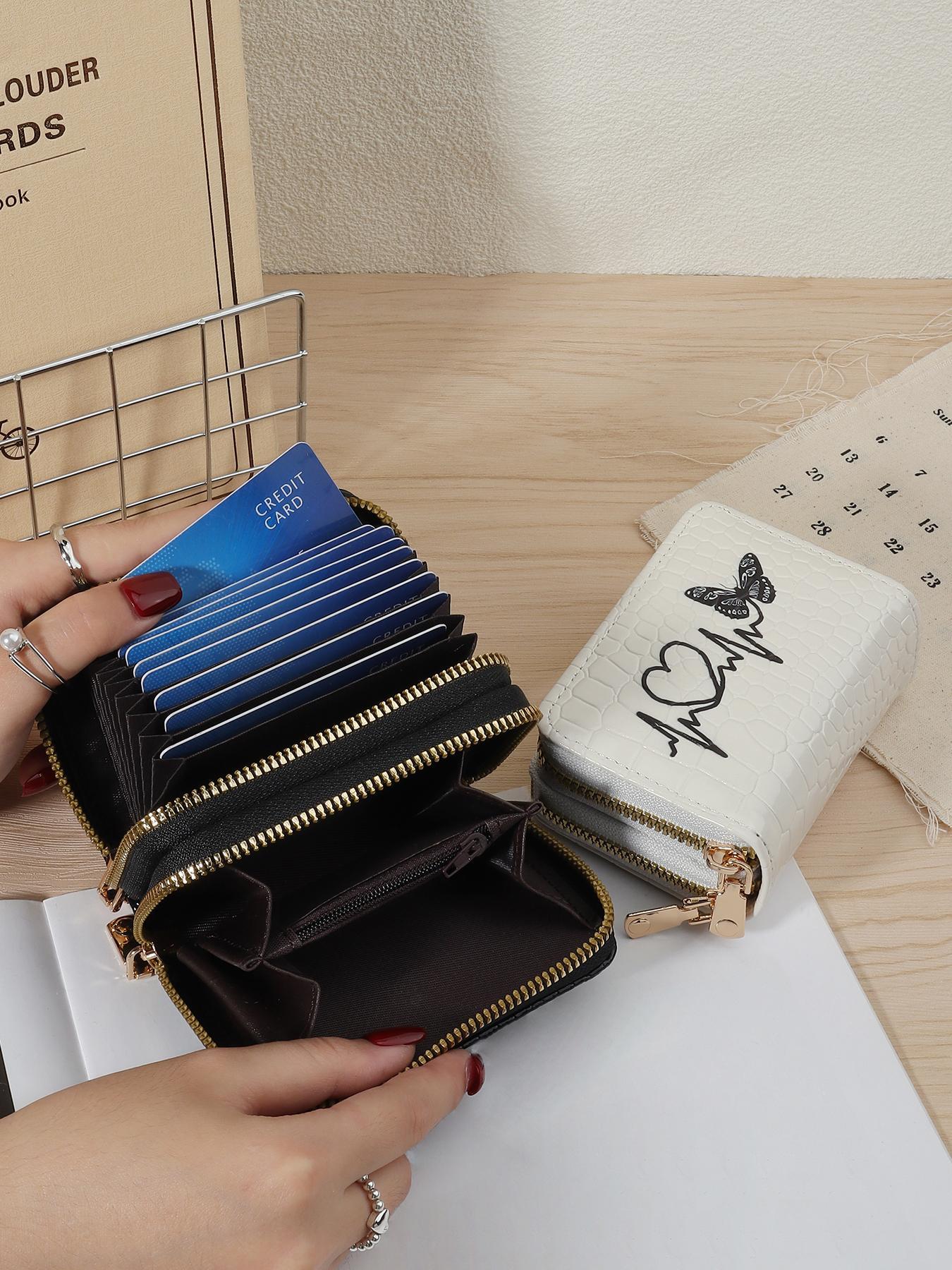 Fashionable Butterfly & Heart Pattern Card Holder, Minimalist Double Zipper Portable Short Wallet, Large Capacity Multifunctional Card Bag, Cardholder, Exquisite Cardholder, Card Organizer