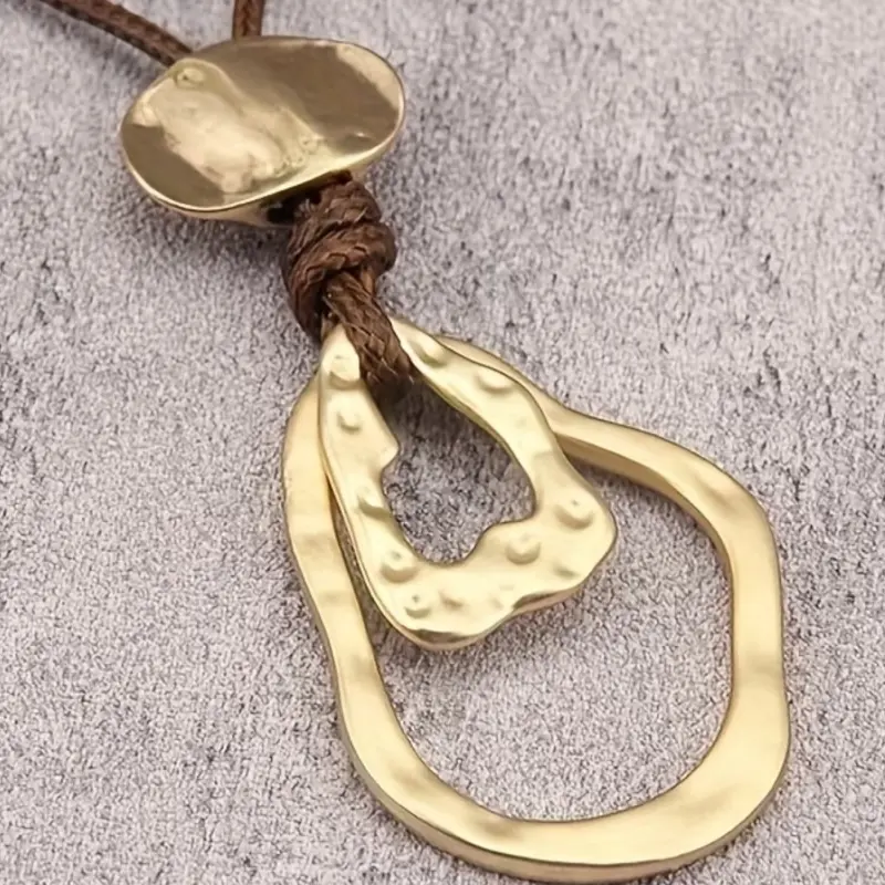Boho Style Leather Geometric Pendant Necklace, Zinc Alloy, Long Hollow Design Choker, Perfect for Daily Wear, Fashion Necklace, Jewelry Necklace
