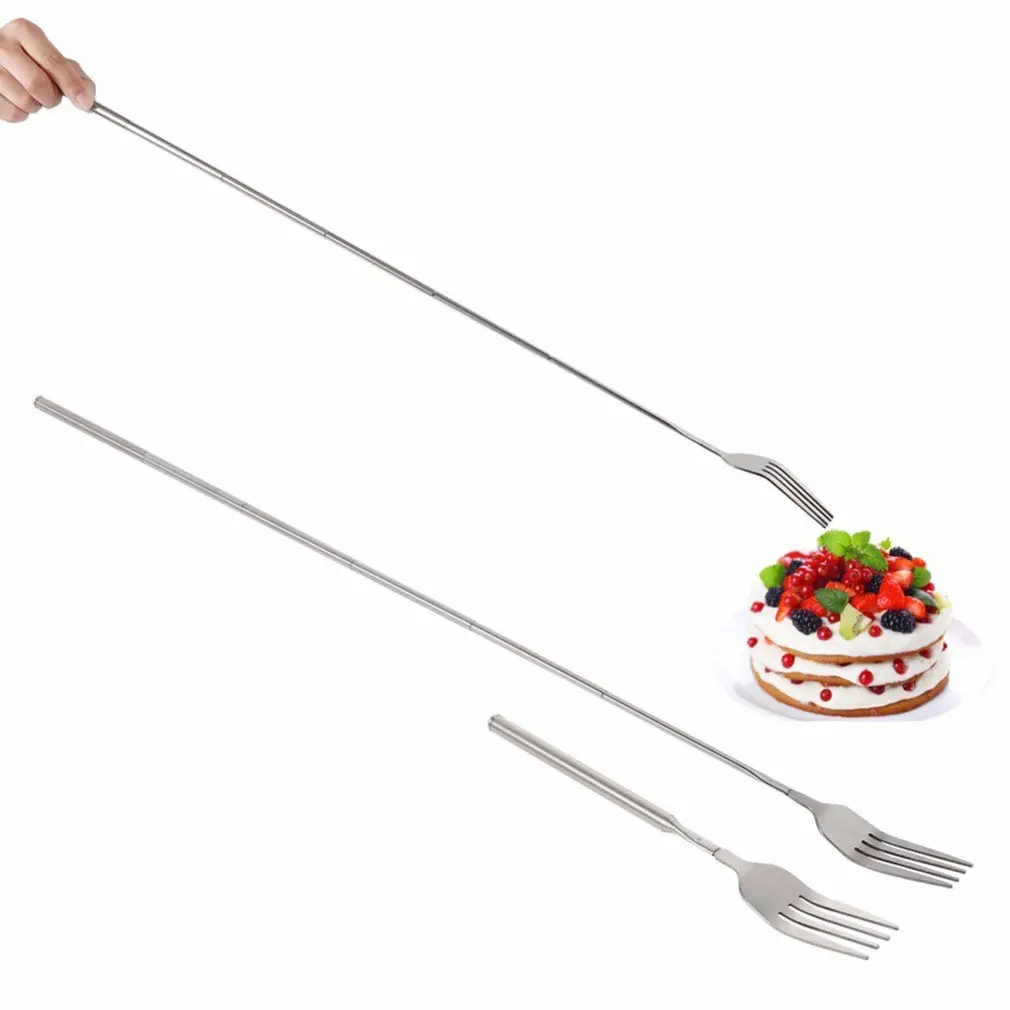 Telescopic Stainless Steel Dinner Fork, Extendable Long Handle Metal Fork for Serving Salad, Fruit, Dessert, Light Meals, Retractable Portable Extending Eating Utensil Kitchenware for Home Kitchen