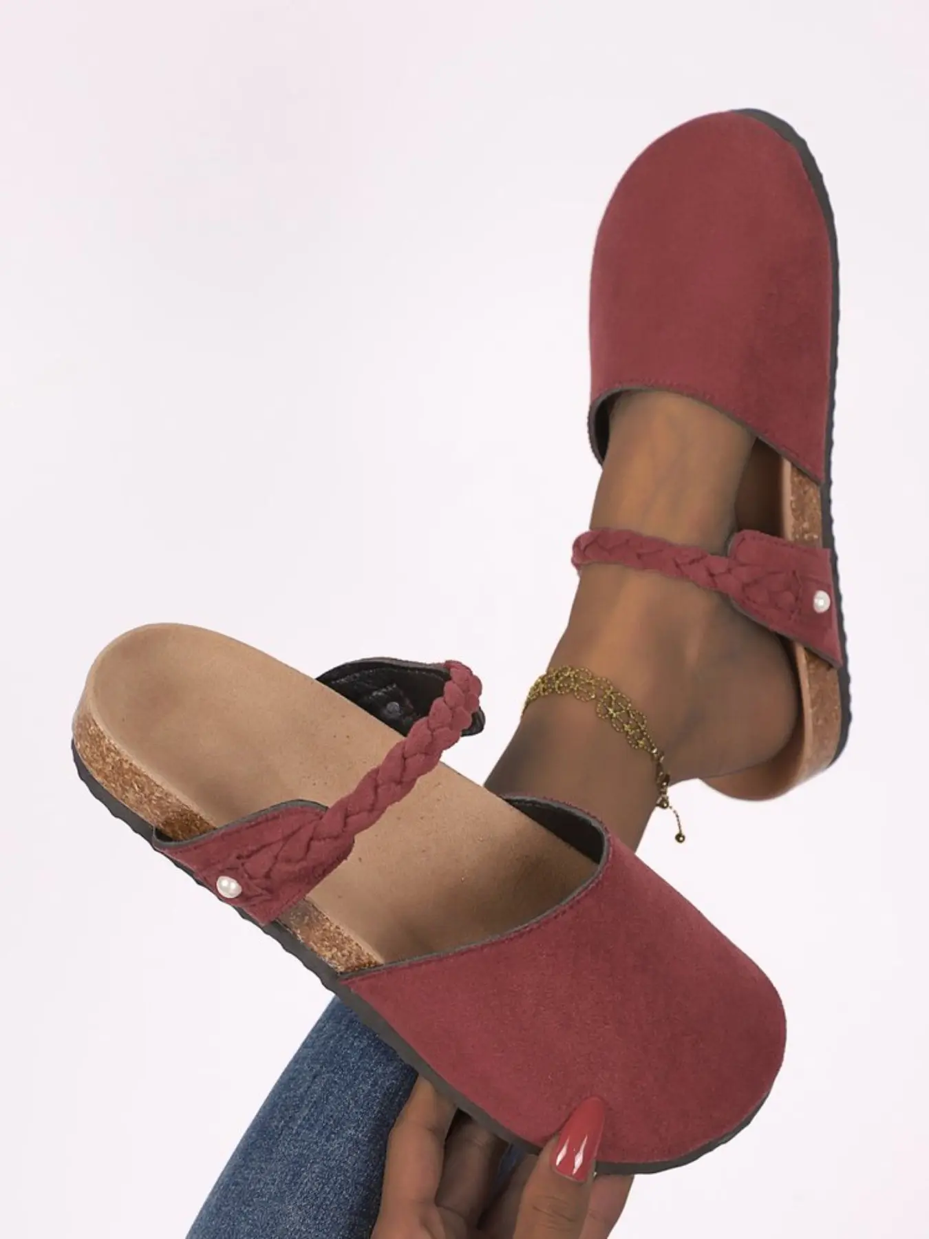 Vintage Textured Velvet Braided Pearl Toe Slippers, Soft Wood Sole, Adjustable Breathable Straps, Comfortable Summer Casual Shoes