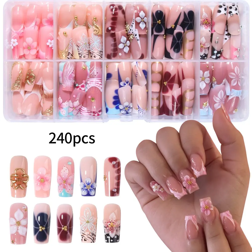 240pcs Long Square Press-On Nails, 3D Gel Flower Design, Gold Color, Acrylic False Nails Set, Includes Nail File & Jelly Glue