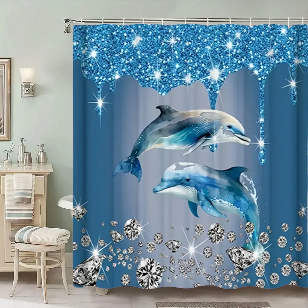 1pc Luxury Shower Curtain - Elegant Blue Oceanic Design with Sparkling Diamonds, Machine Washable Polyester Bathroom Curtain for Home & Hotel Bathrooms - Includes 12 Hooks for Easy Hanging, Dolphin Lover Gift Idea, 70X70 Inches