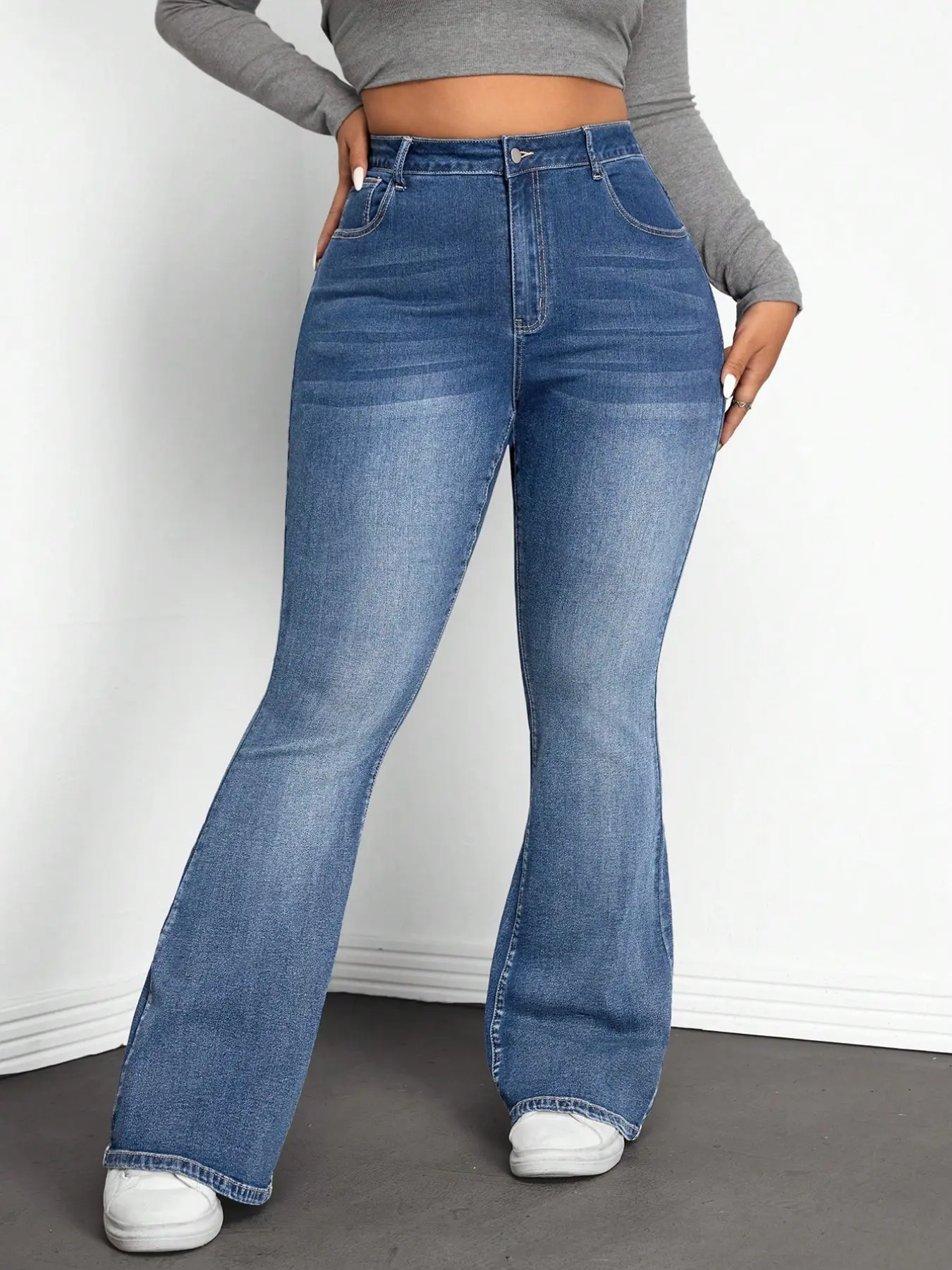 Plus Size High Waist Washed Micro Flare Jeans for Women, Elastic Waist Slimming Vintage Bell Bottom Pants, Casual Long Pants for Travel and Home