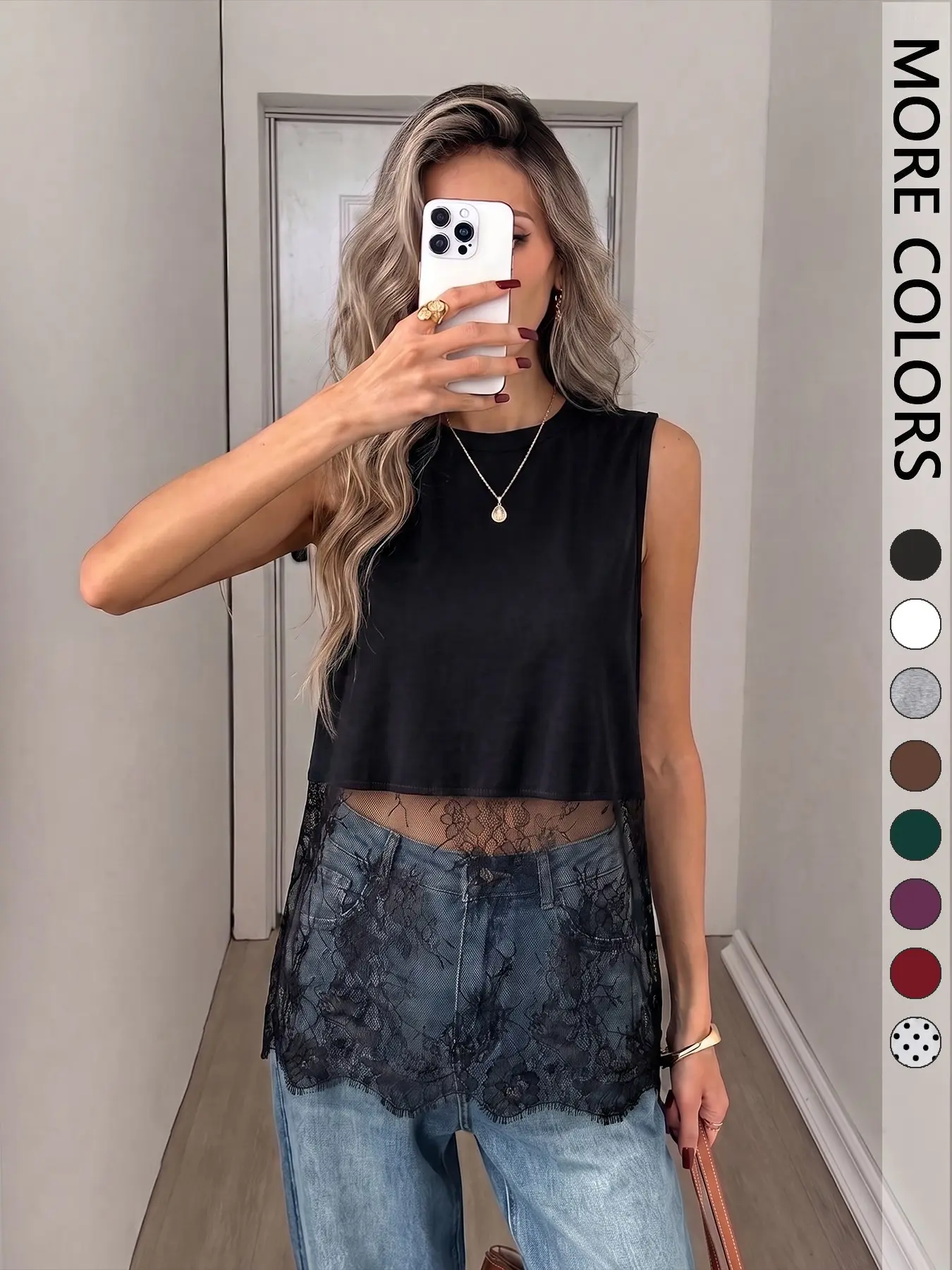 Women's Sleeveless Tank Top with Lace Hem, Loose Fit Sheer Trim Casual Blouse
