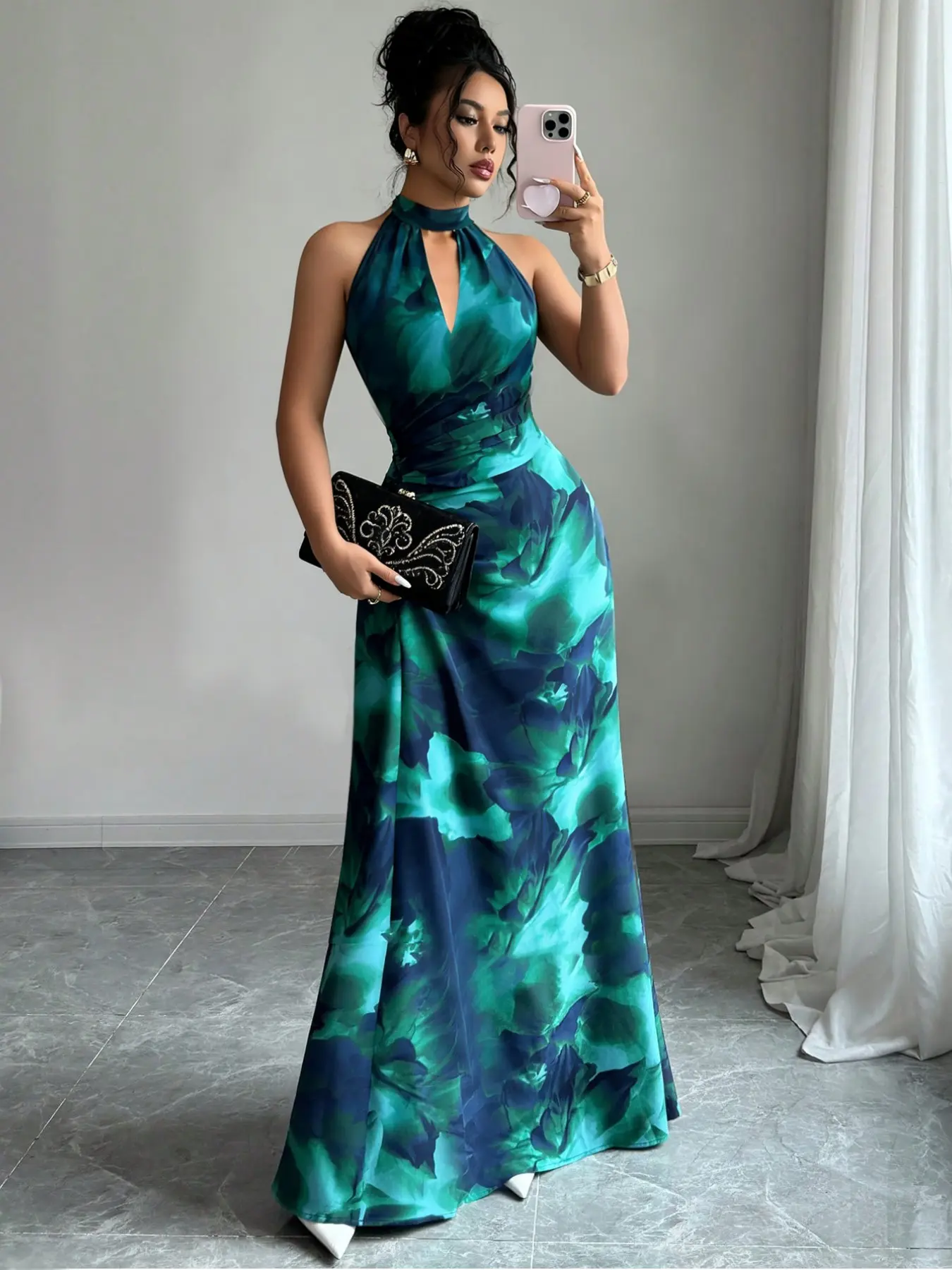 Women's Wedding Guest Party Dress, Sleeveless Floral Ruched Bodycon Pencil Long Dress, Elegant Evening Gown for Dates, Formal Wear