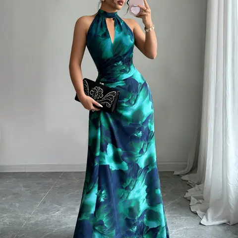 Women's Wedding Guest Party Dress, Sleeveless Floral Ruched Bodycon Long Dress, Elegant Evening Gown for Dates & Formal Wear, Wedding Shower Guest Dress