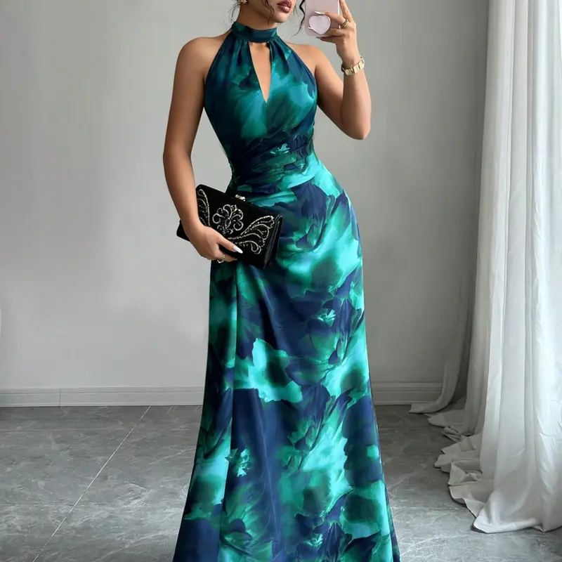 Women's Wedding Guest Party Dress, Sleeveless Floral Ruched Bodycon Long Dress, Elegant Evening Gown for Dates & Formal Wear, Wedding Shower Guest Dress