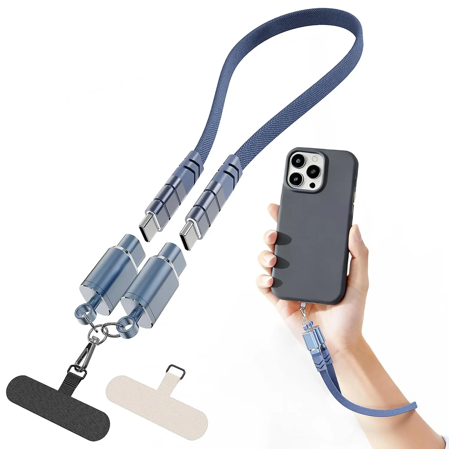 2-in-1   Data  & Phone Wearable Lanyard, USB-C to USB-C, Compatible with USB-C Capable Devices Including /Android Phones and  15/16/17/Pro/Plus/Pro Max (Blue, 1 Foot)