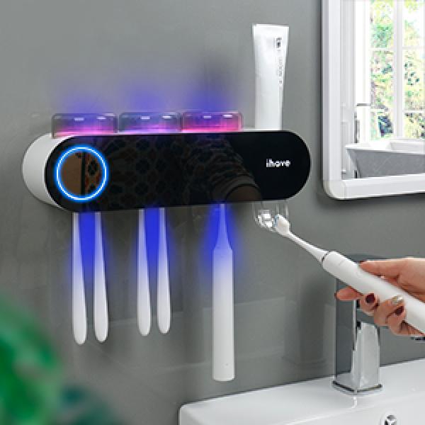 iHave Wall Mounted Electric Toothbrush Holders with 3 Cups, UV Sanitizer, Toothpaste Dispenser, Smart Home Bathroom Accessories & Decor, Black