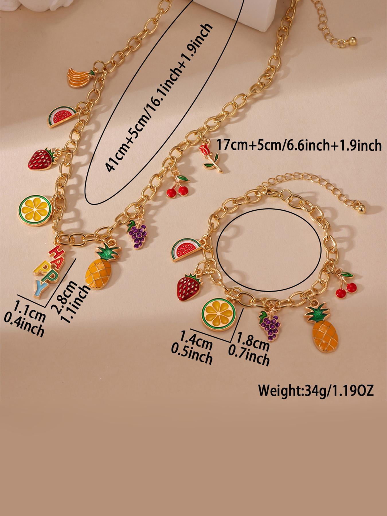 Women's Fruit Necklace Bracelet Set, Watermelon Strawberry Cherry Design, Elegant Summer Jewelry Accessories for Women & Girls