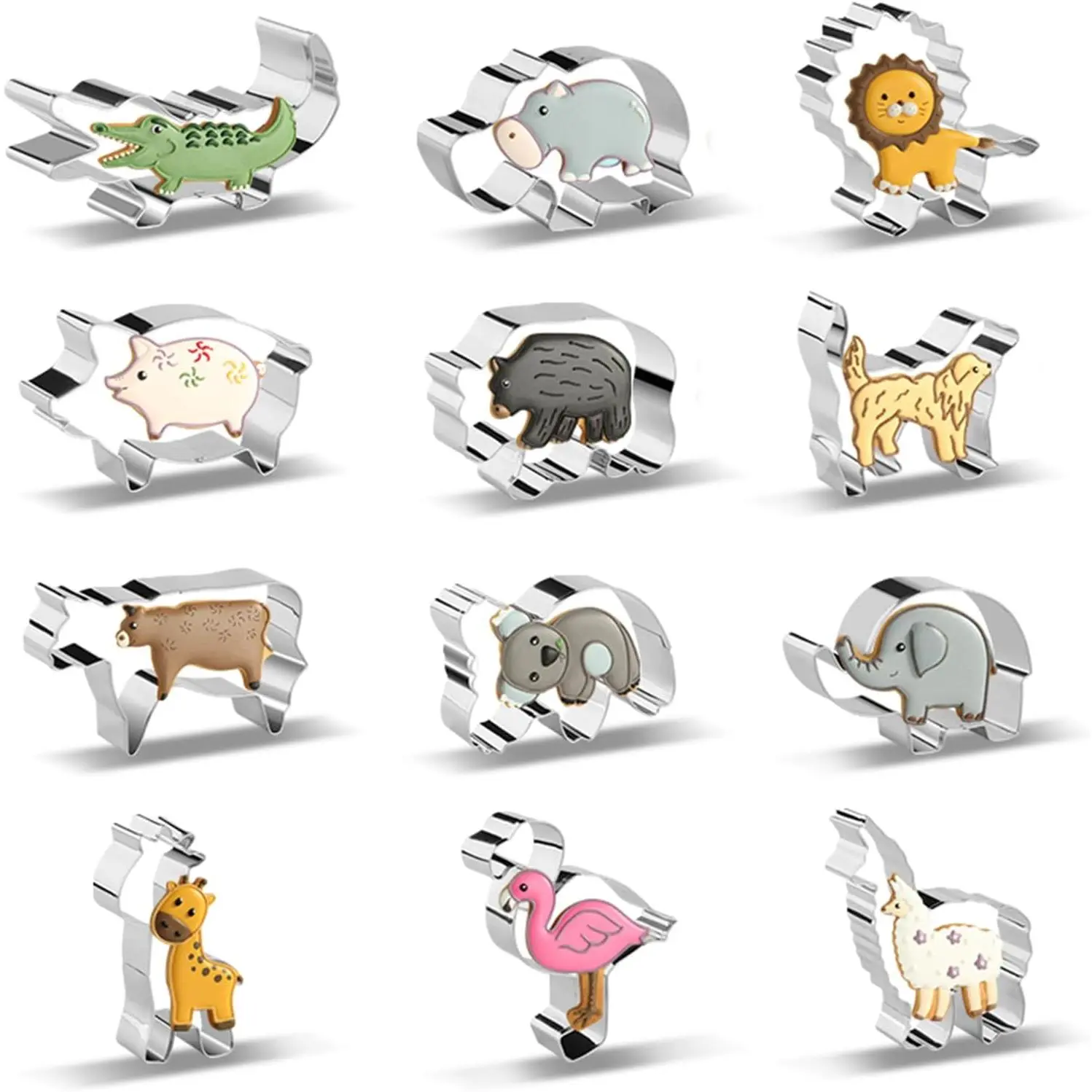 Stainless Steel Cookie Cutters Set - 12-Count Bakeware Utensils with Lion, Giraffe, Hippo, Panda, Elephant, Crocodile, Pig, etc. (Boxed)