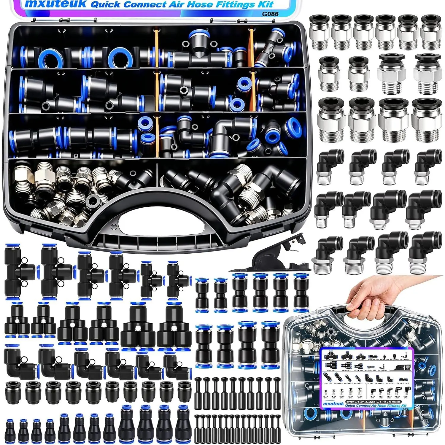 100PCS Quick Connect Air Hose Fittings Kit,1/8",1/4",3/8",1/2" Push to Connect Fitting,Air Line Quick Connect Fittings,Quick Release Pneumatic Kit